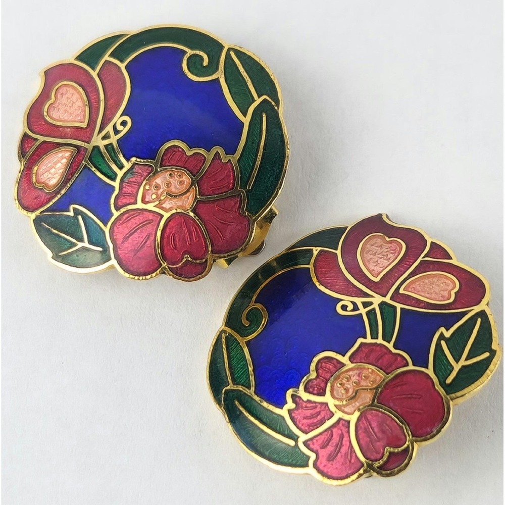 Vintage Cloisonne Enamel Butterfly Flower Clip On Earrings Gold Tone Blue Pink